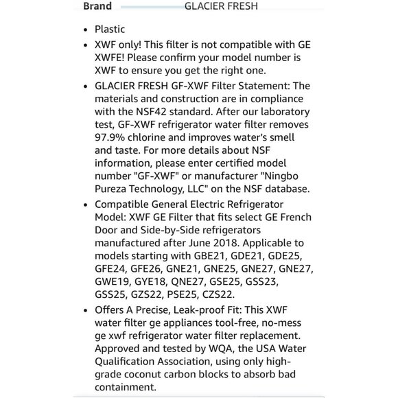 Glacier Fresh GF-XWF Water Refrigerator Filter 6-Month NSF Certified - Picture 5 of 5